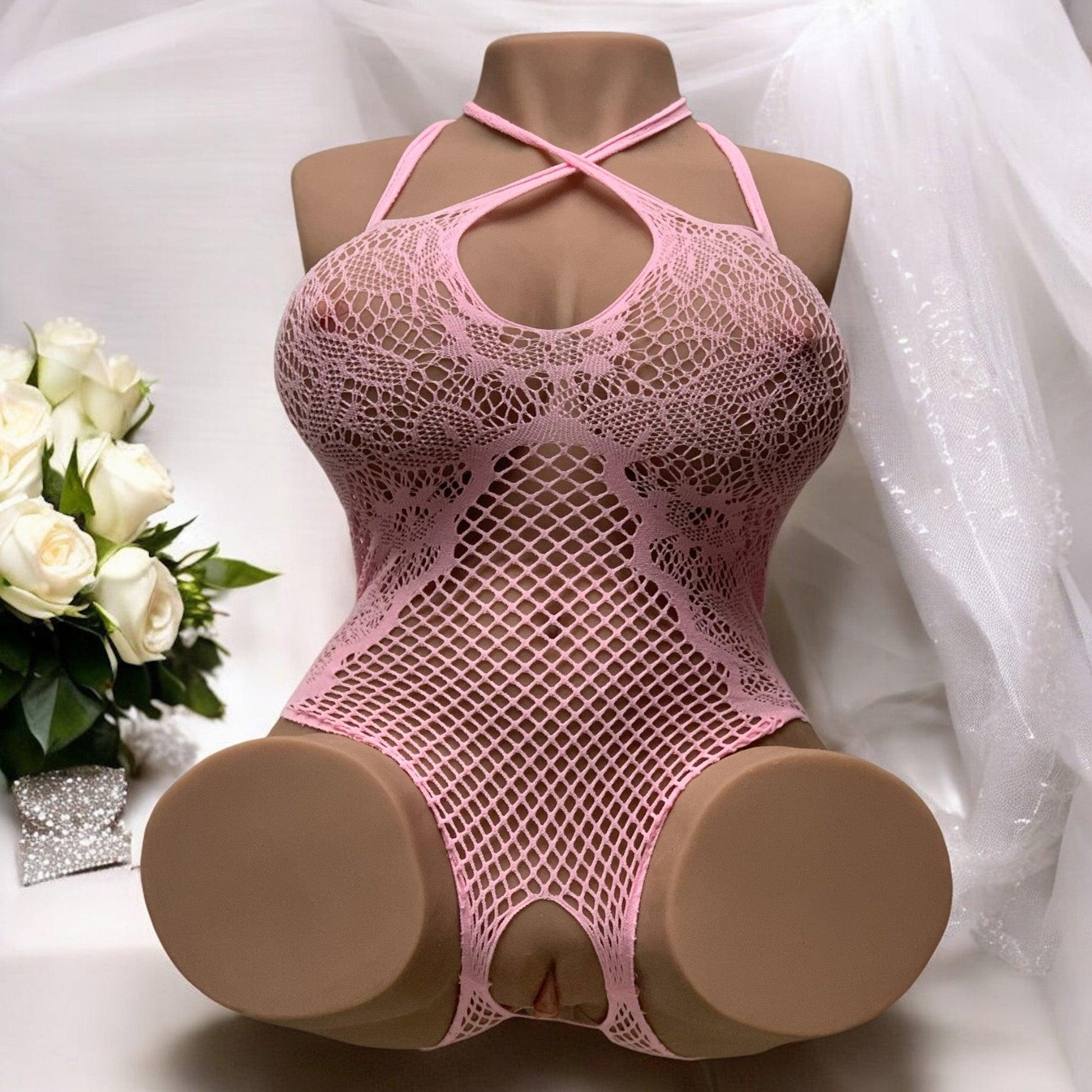 Pink mesh bodysuit for torso dolls, featuring a chic design by Concept Beauty. Perfect for adding sensuality and elegance.