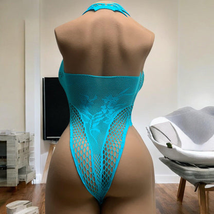 Blue mesh bodysuit highlighting torso doll's tantaly curves, showcasing an elegant and daring design.